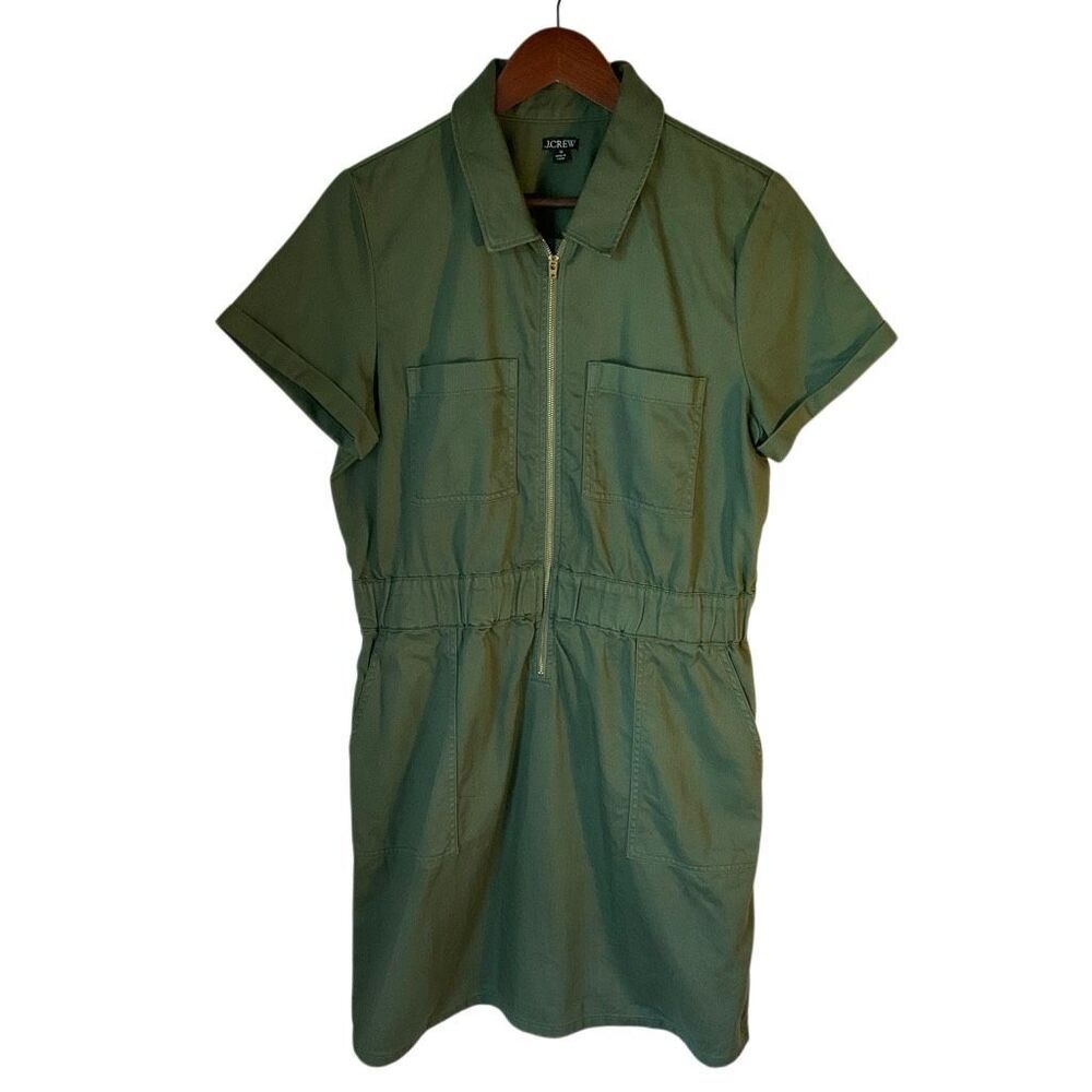 J Crew Military Inspired Zipfront Collared Dress, 10. Olive. Cotton blend